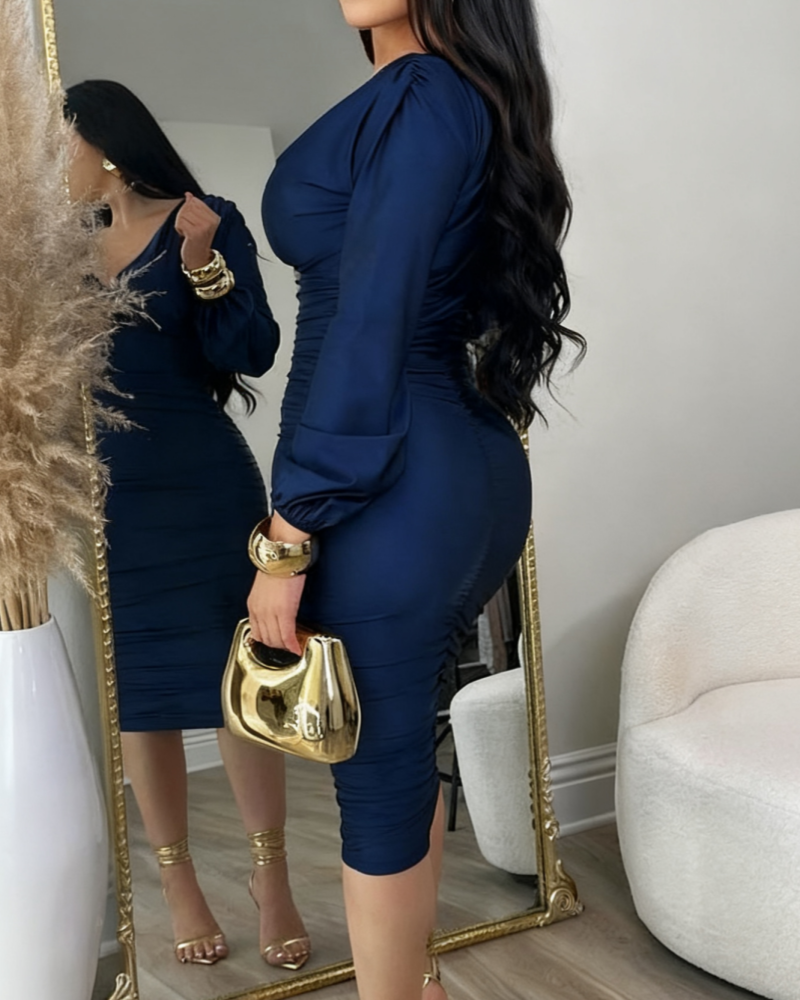 Vestido Midi Ajustado con Escote en V Profundo, Mangas Largas y Fruncido