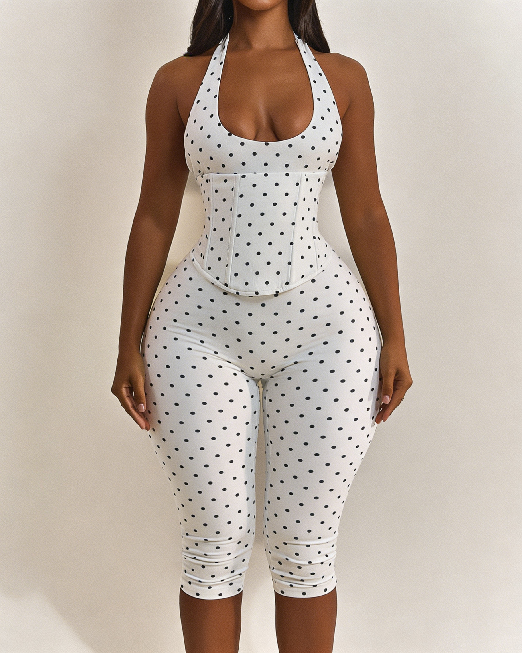 Mono Capri con Cintura de Reloj de Arena y Estampado de Lunares
