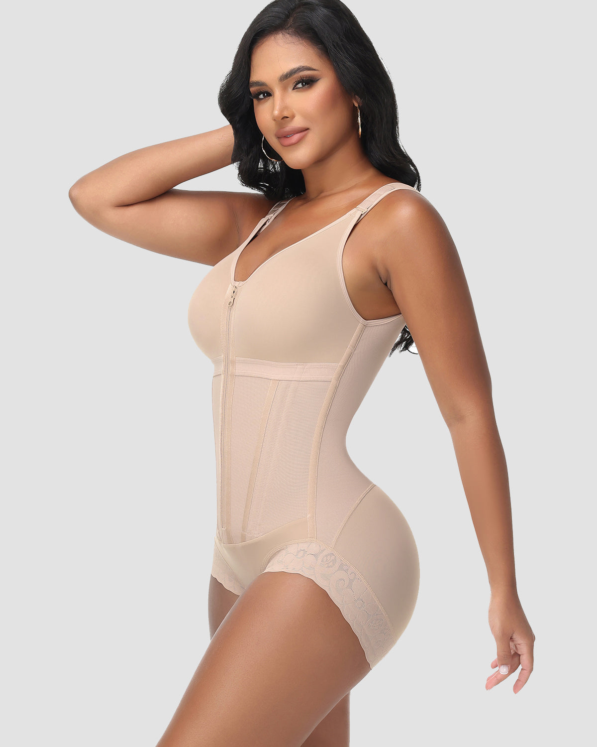 Body con Cremallera Moldeador de Abdomen en Forma de Reloj de Arena de Malla Power de Doble Capa con Sostén