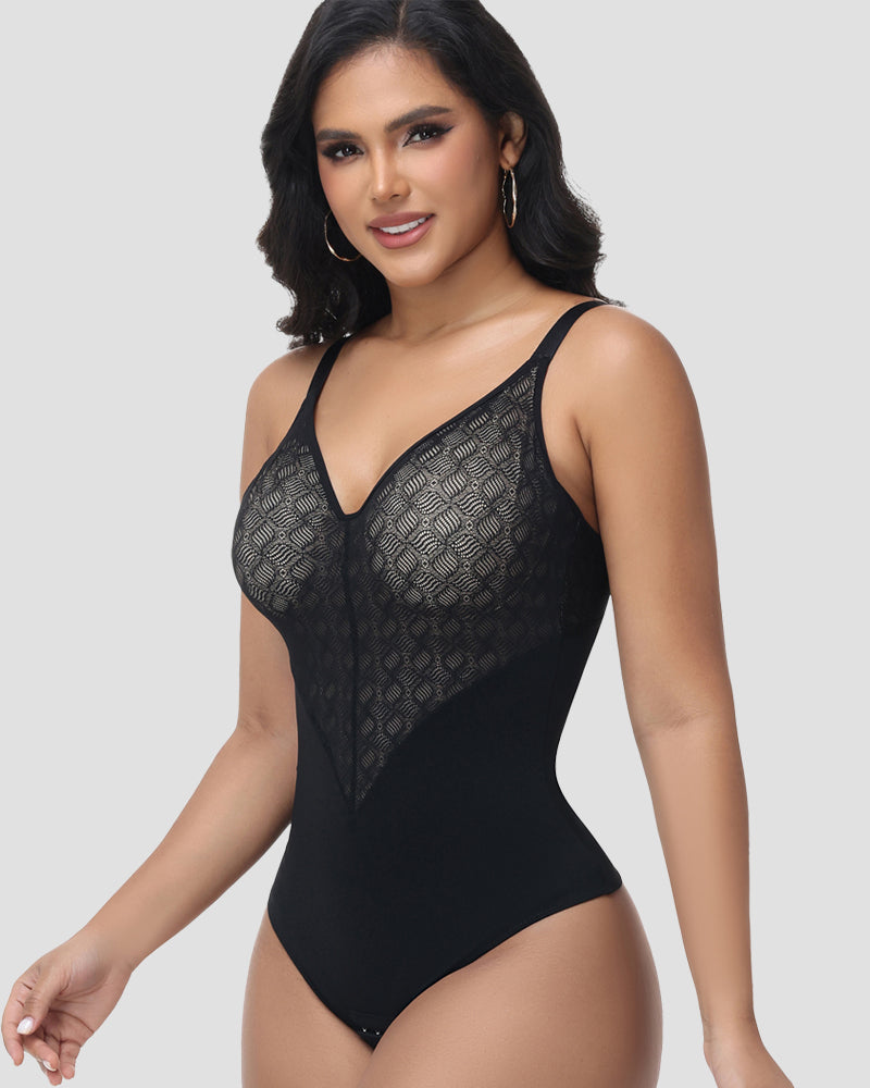 Shapshe® Body moldeador de encaje transparente con escote en V y control de abdomen