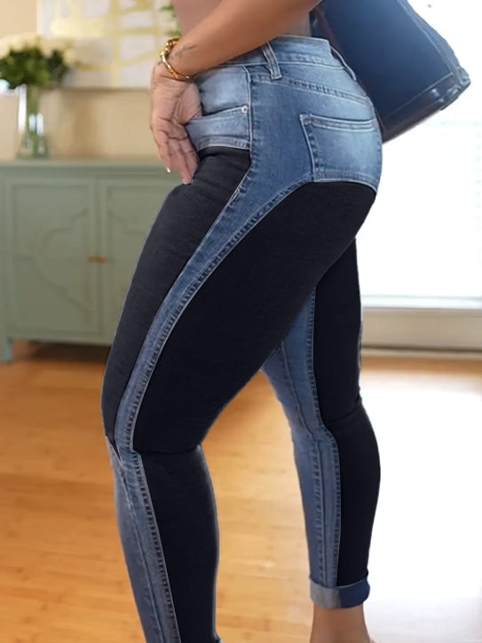 Jeans Ajustados Sexy con Efecto Levanta Cadera y Diseño Patchwork de Colores Contrastantes