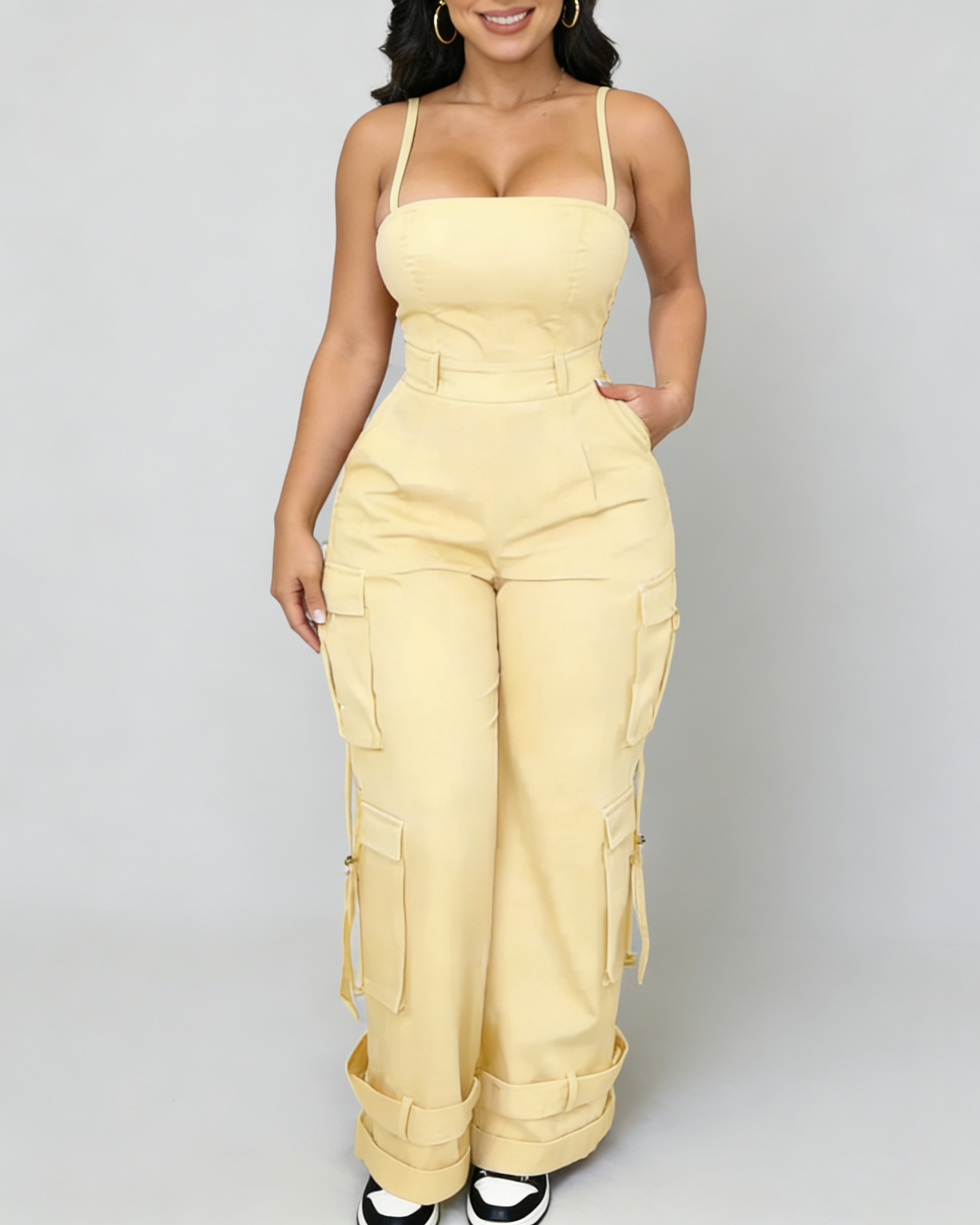 Mono de pierna ancha con bolsillos para mujer casual, curvy, holgado, estilo cargo, enterizo, peto
