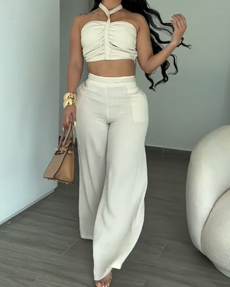 Conjunto de Dos Piezas con Cinta Trenzada y Pantalones Acampanados