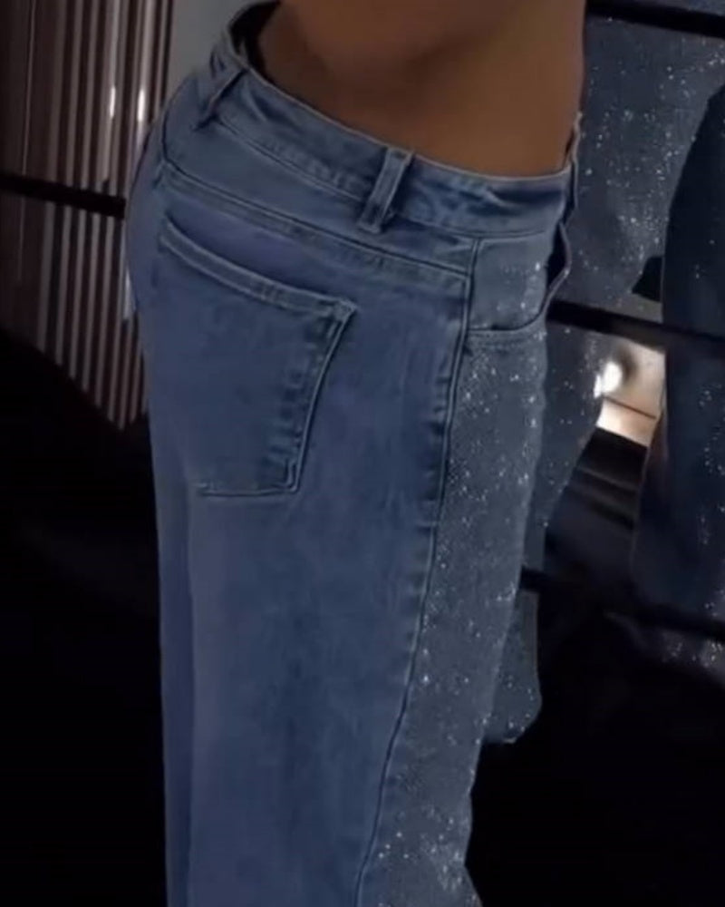 Jeans de pierna ancha versátiles de moda para mujer Shapshe® con pedrería