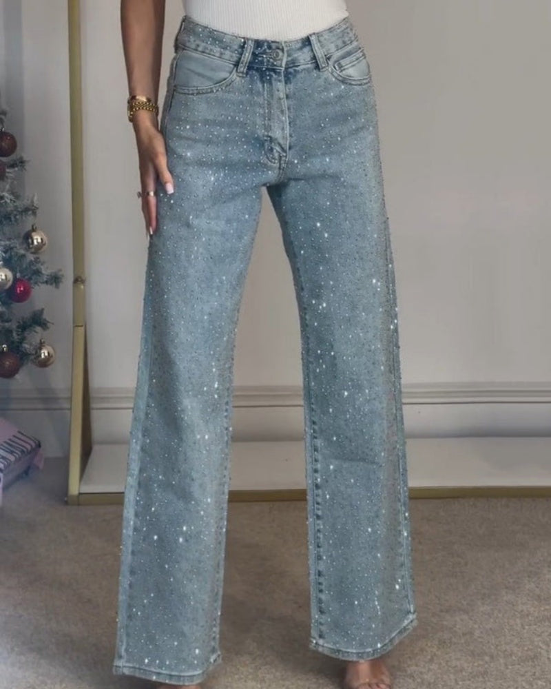 Jeans de mezclilla de pierna recta para mujer con adornos de pedrería de moda