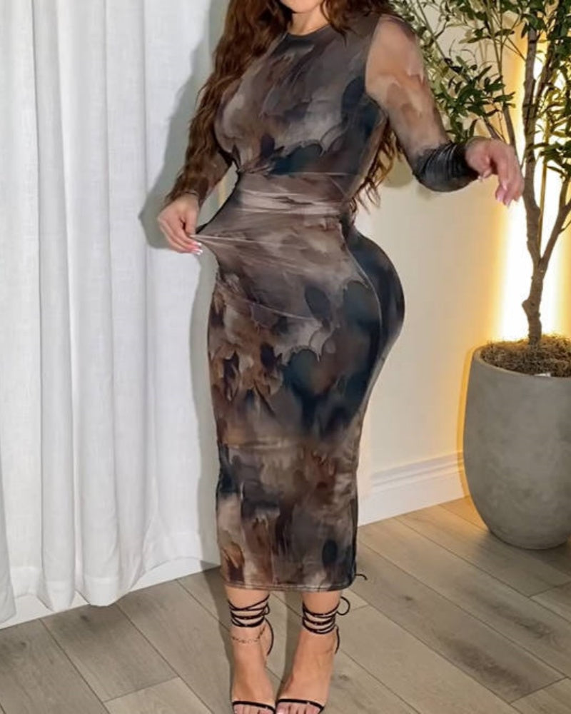 Vestido Midi Bodycon de Malla con Mangas Largas Tie Dye