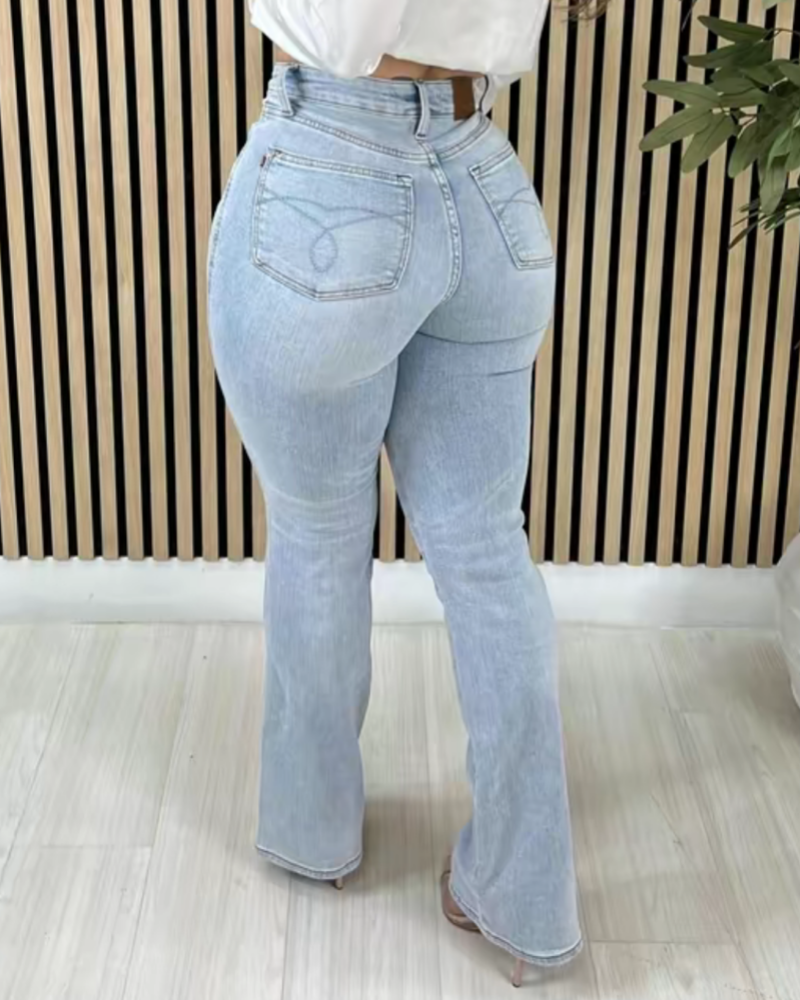 Jeans Acampanados de Cintura Alta Lavados con Control de Abdomen Elegantes