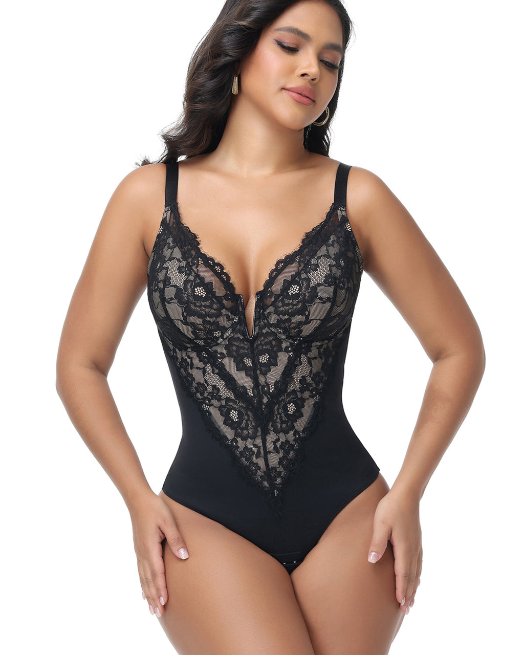 Shapshe® Body moldeador sexy con escote profundo y encaje, con cierre de gancho en la entrepierna