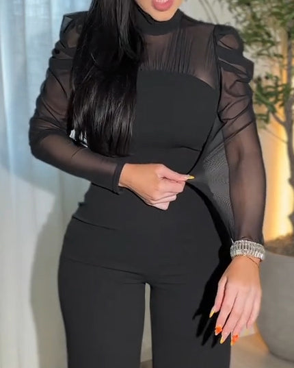 Mono de malla transparente para mujer con cuello alto, ajuste ceñido y piernas anchas