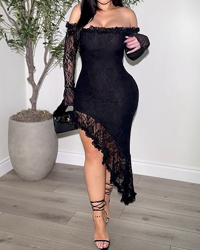 Sexy Lace Patchwork Tube top Long Sleeve Irregular Cut Bodycon Dress