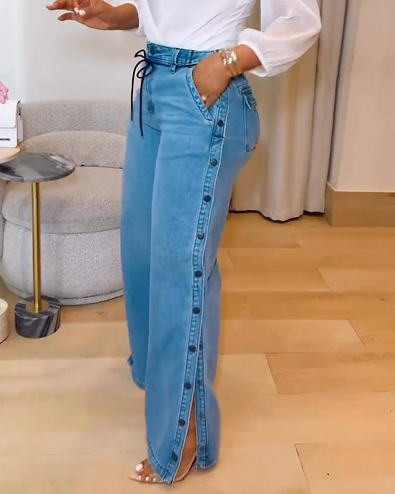 Shapshe® Straight Leg Wide Legs High Waist Baggy Side Snap Button Jeans