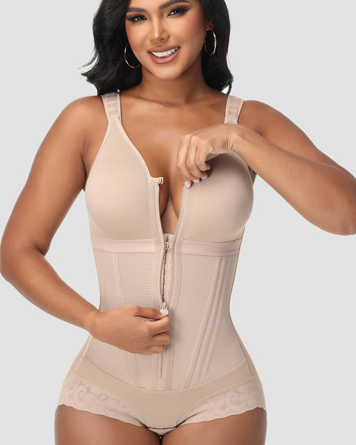 Body con Cremallera Moldeador de Abdomen en Forma de Reloj de Arena de Malla Power de Doble Capa con Sostén
