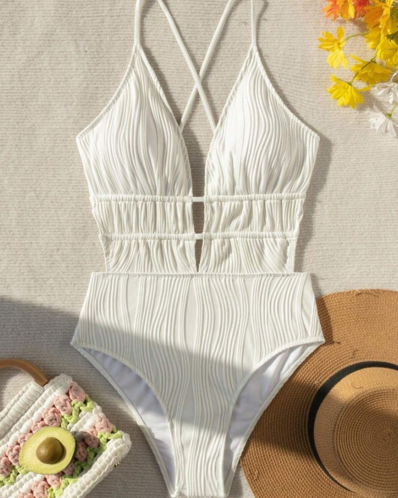 Sexy Backless Deep V Tummy Control Swimsuit Back Lace Up