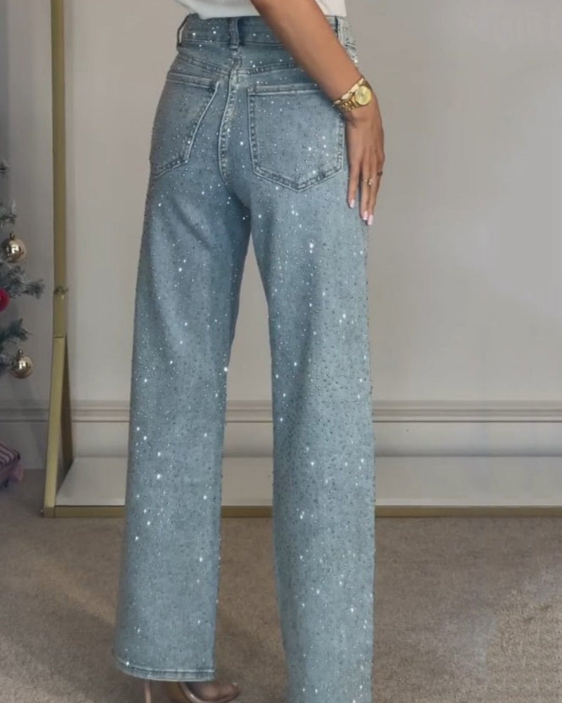 Jeans de mezclilla de pierna recta para mujer con adornos de pedrería de moda