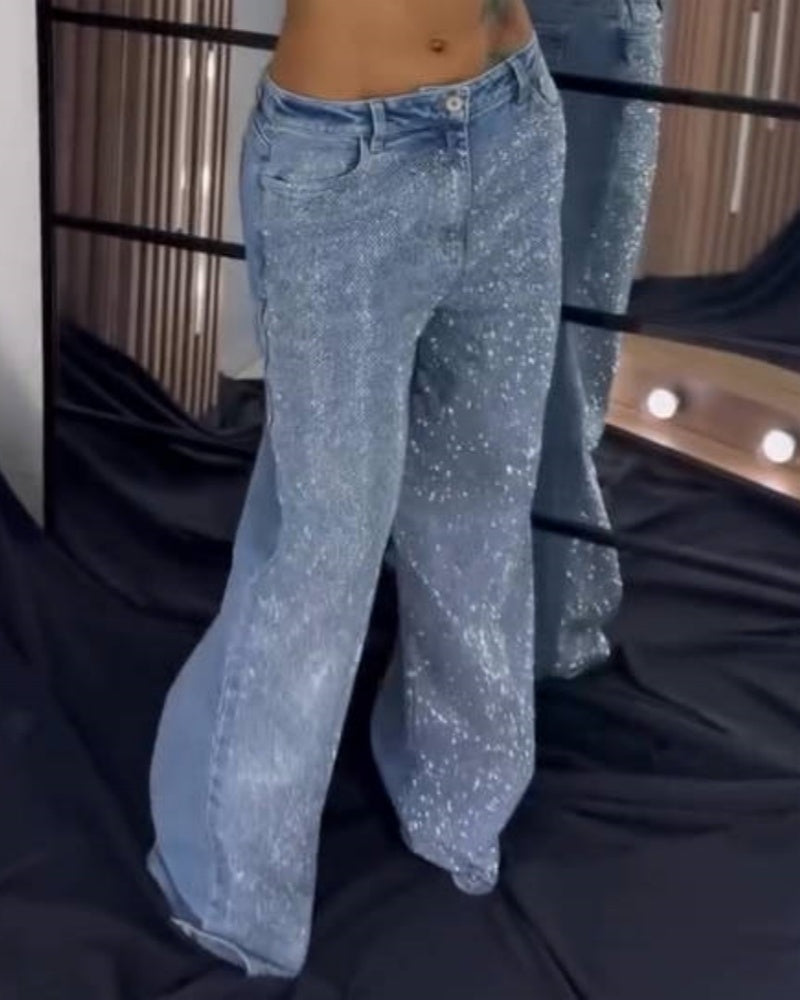 Jeans de pierna ancha versátiles de moda para mujer Shapshe® con pedrería