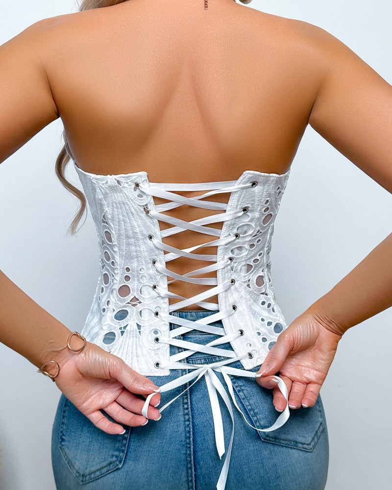 Corset Sexy de Encaje con Malla, Capas Dobles, Control de Abdomen y Lazo Trasero
