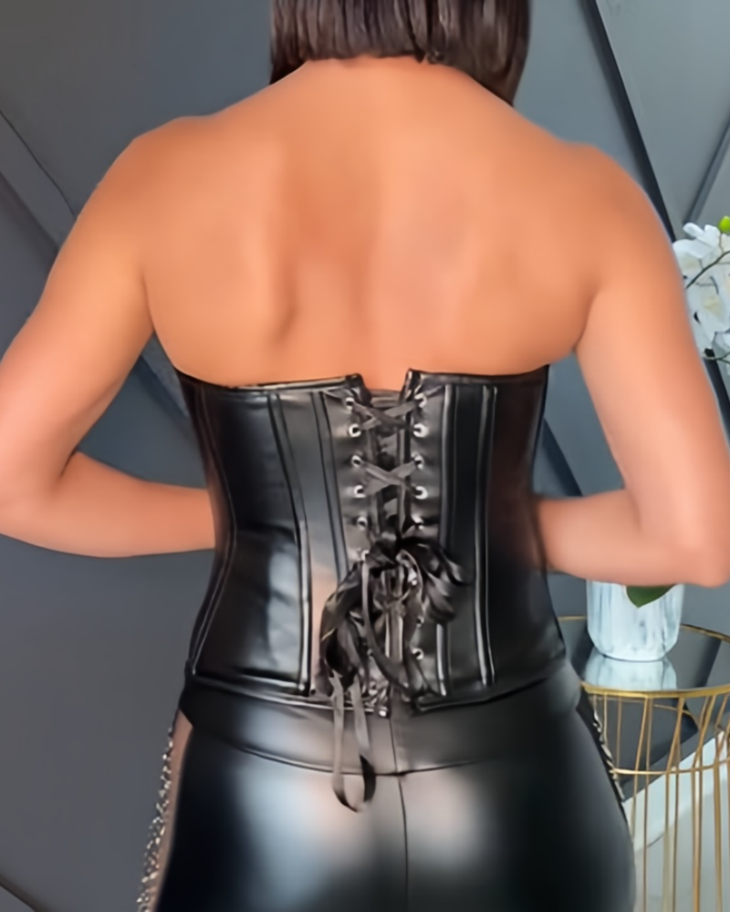 Top Corset Bustier de Mujer con Cremallera Frontal de Cuero Sintético