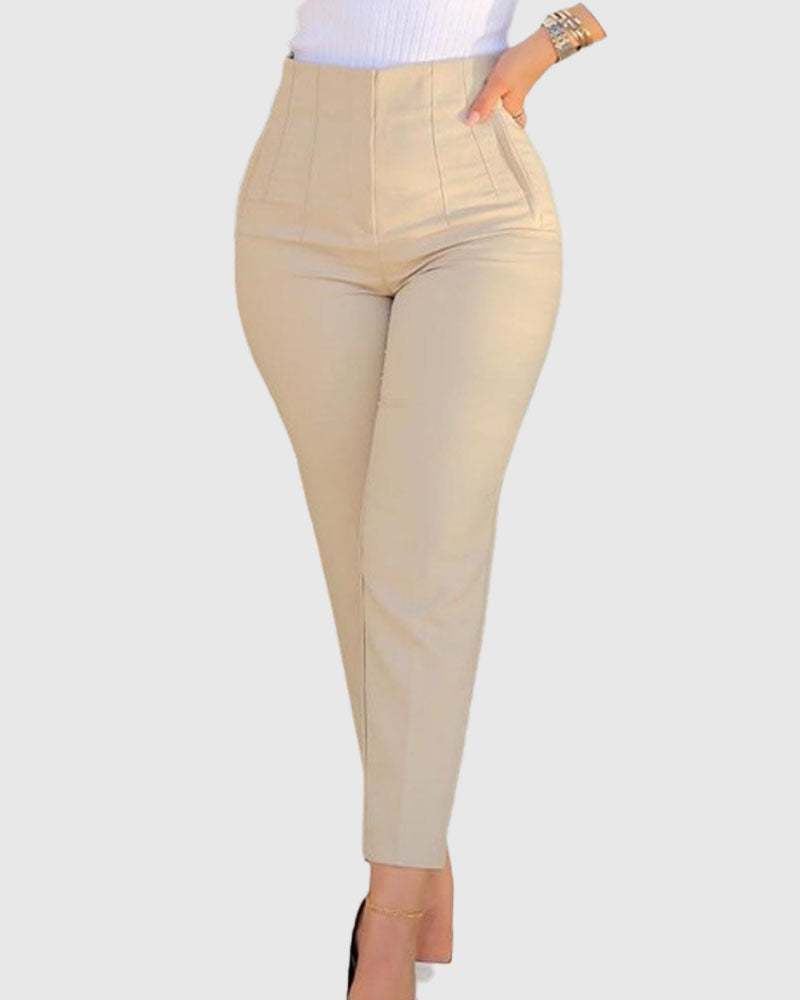 Pantalones de Mujer a Medida con Pliegues, Cintura Alta y Bolsillos Laterales, de 9 Puntos