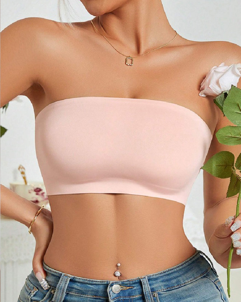 Bralette sin tirantes inalámbrico, tipo bandeau, sin costuras, elástico, sin relleno, push up