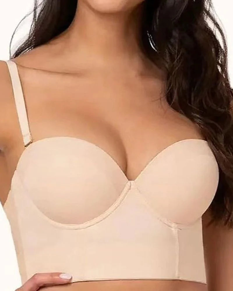 Sostén sin tirantes antideslizante para mujer con espalda baja y push-up largo multiusos