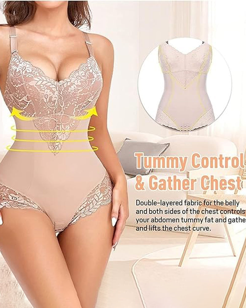 Body moldeador de cuerpo completo con control de abdomen, escote en V y encaje