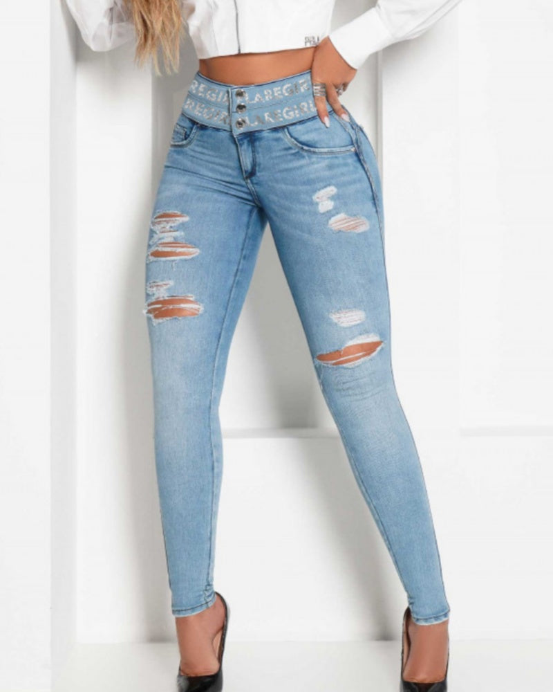Jeans Skinny Rasgados de Cintura Alta Shapshe® que Realzan Glúteos y Aplanan el Abdomen