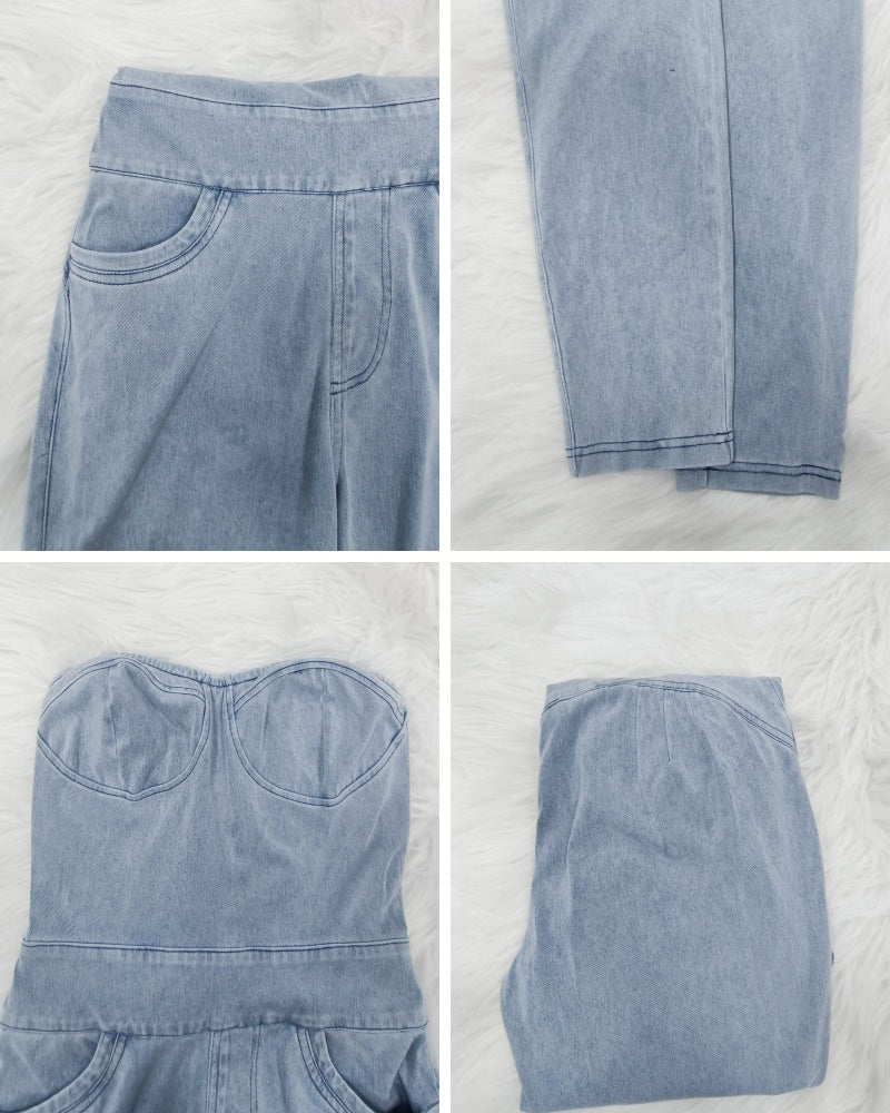 Shapshe® Enterizo de Mezclilla Ajustado para Mujer con Lazo en la Espalda tipo Bandeau