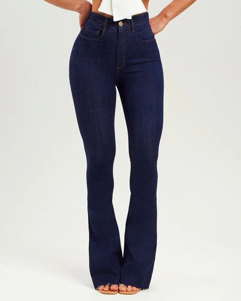 Jeans Ajustados de Tiro Alto Azul Oscuro con Levantamiento de Glúteos y Efecto Acampanado para Mujer, Pantalones Elásticos Modeladores