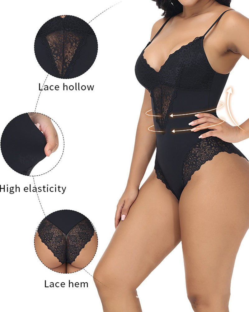 Body de encaje transparente para mujer, sin mangas, con tirantes finos tipo spaghetti, una pieza moldeadora