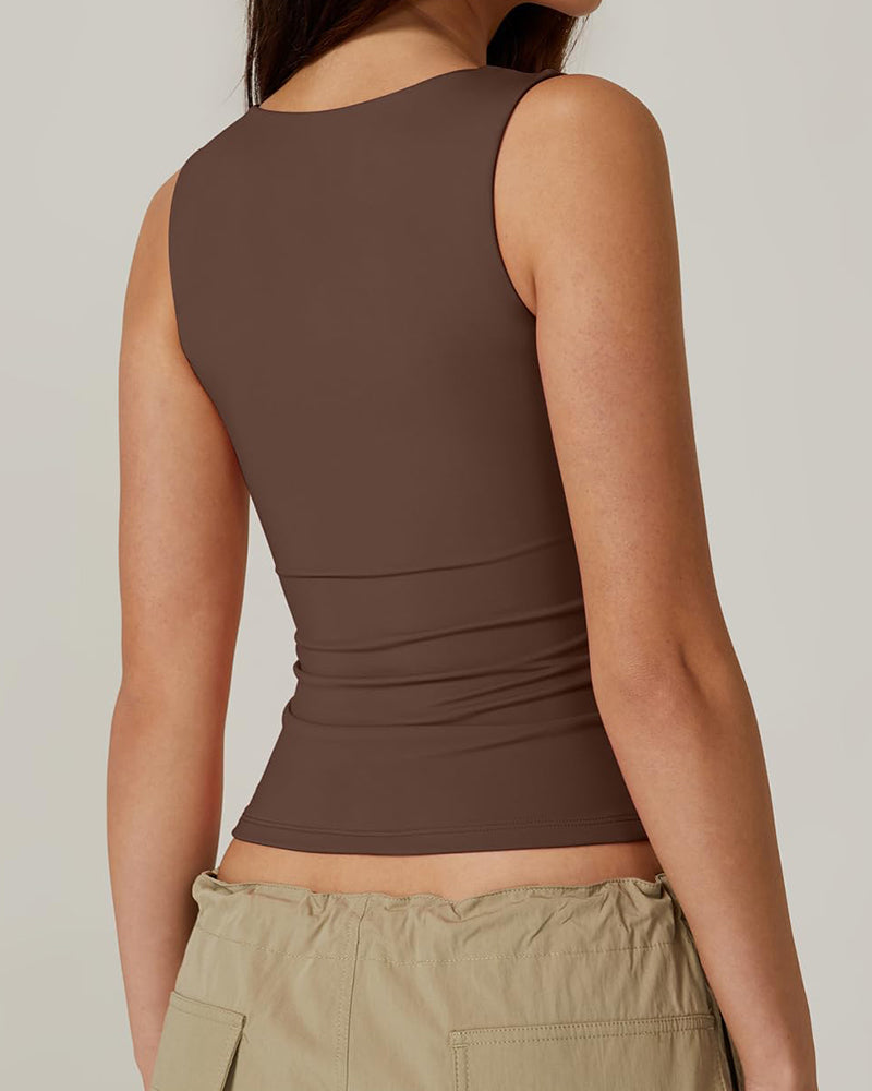 Camisetas sin mangas básicas de doble capa con escote cuadrado para mujer - Chaleco moldeador
