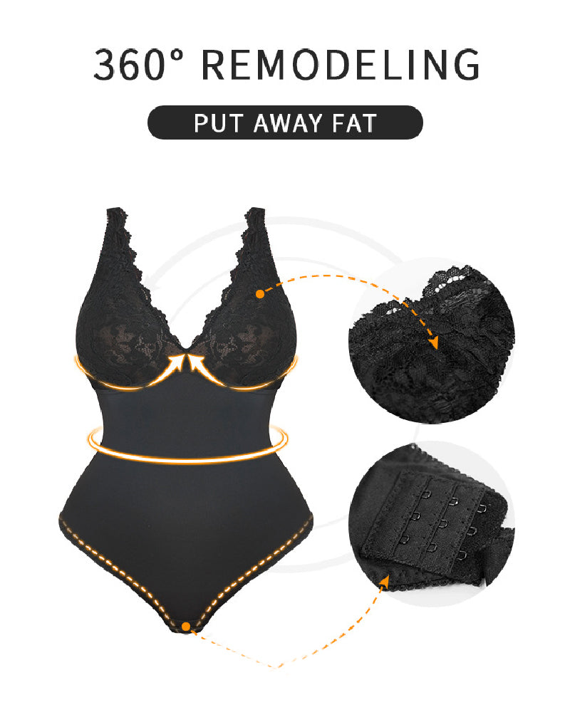 Body de Encaje Sexy para Mujer con Escote en V Profundo, Control de Abdomen y Tanga Modelador