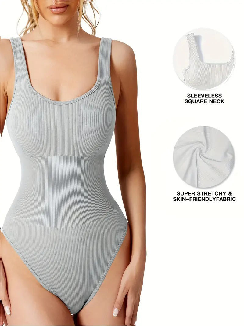 Body de Moldeador Femenino Sexy Sin Mangas con Cuello Cuadrado y Diseño Acanalado