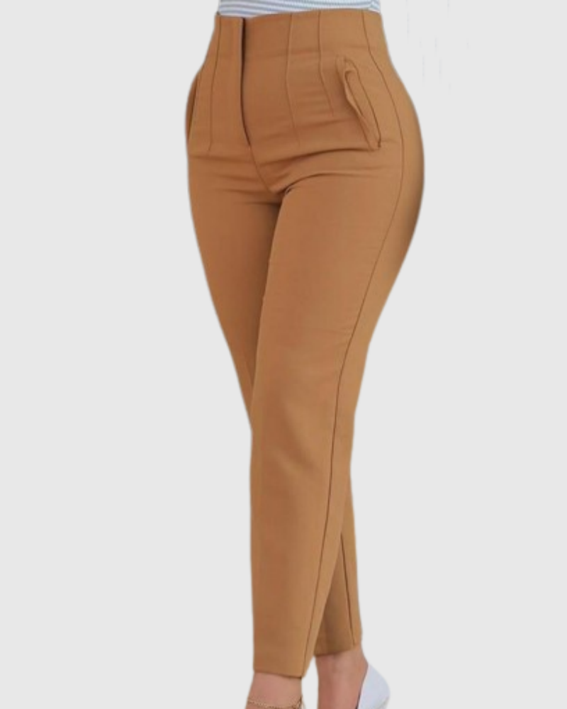 Pantalones de Mujer a Medida con Pliegues, Cintura Alta y Bolsillos Laterales, de 9 Puntos