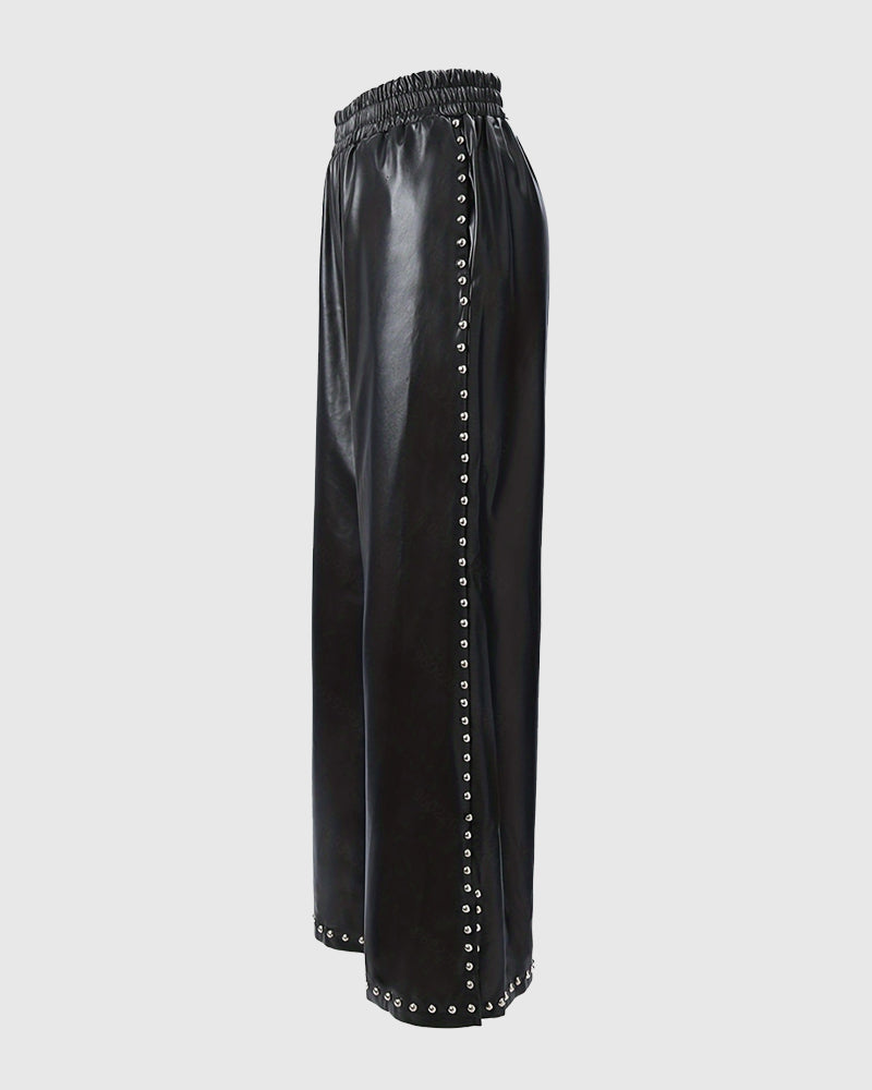 Pantalones de cuero sueltos y anchos con cuentas