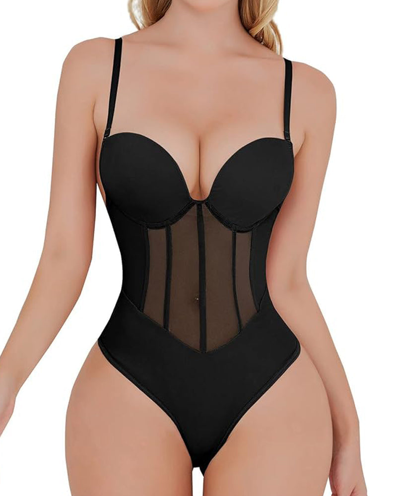 Corsé Sexy de Malla Moldeadora Body Sin Espalda con Tanga y Sostén Incorporado