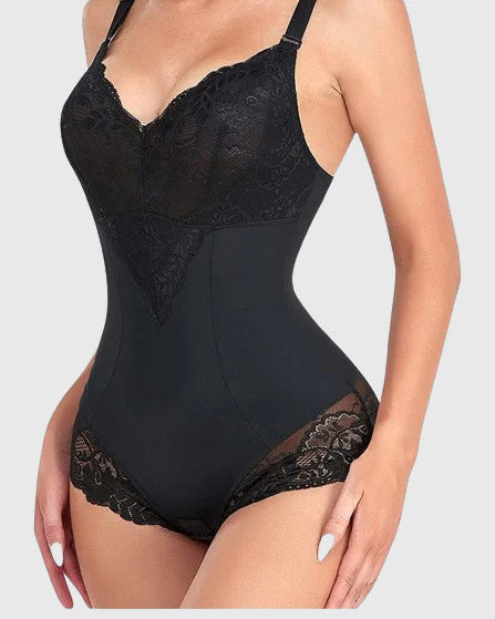 Body moldeador de cuerpo completo con control de abdomen, escote en V y encaje