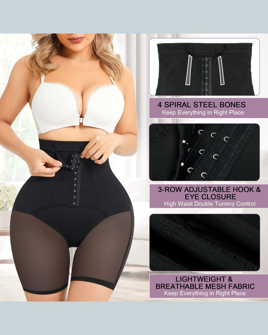 Shorts Faja de Control Abdominal Doble, Cintura Alta, Levanta Glúteos y Moldeador de Muslos