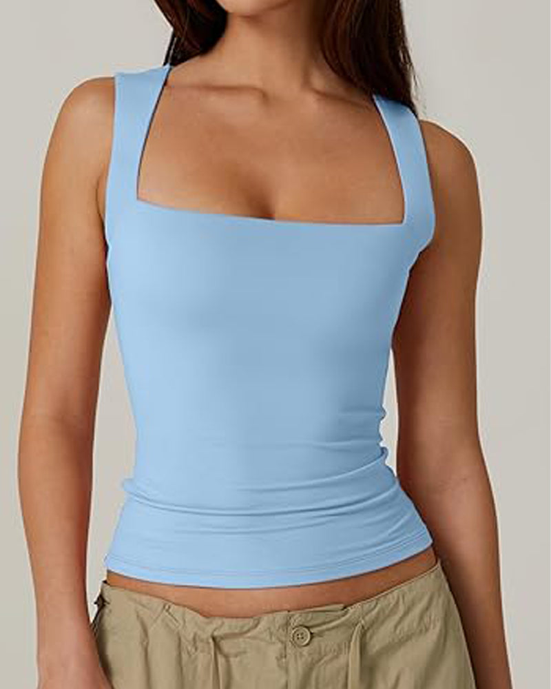 Camisetas sin mangas básicas de doble capa con escote cuadrado para mujer - Chaleco moldeador