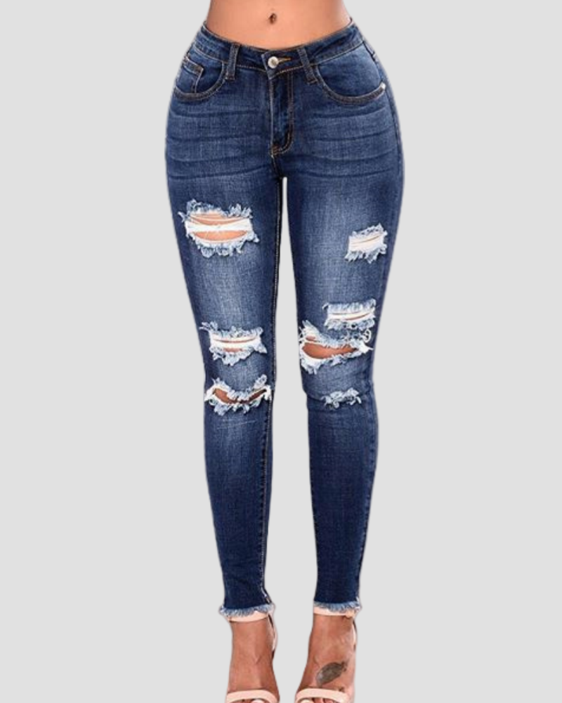 Jeans Ajustados de Cintura Alta, Elásticos, Suaves, de Corte Slim, Estilo Retro Desgastado