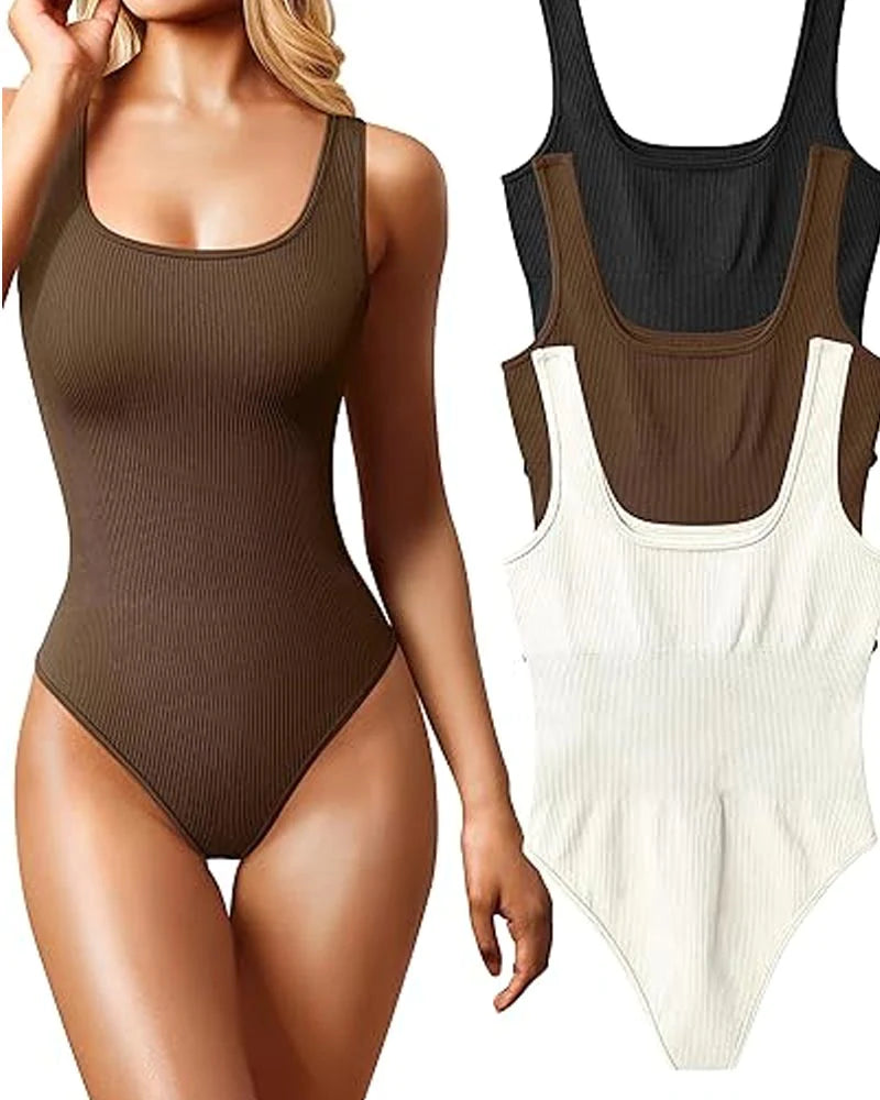 Body de Moldeador Femenino Sexy Sin Mangas con Cuello Cuadrado y Diseño Acanalado