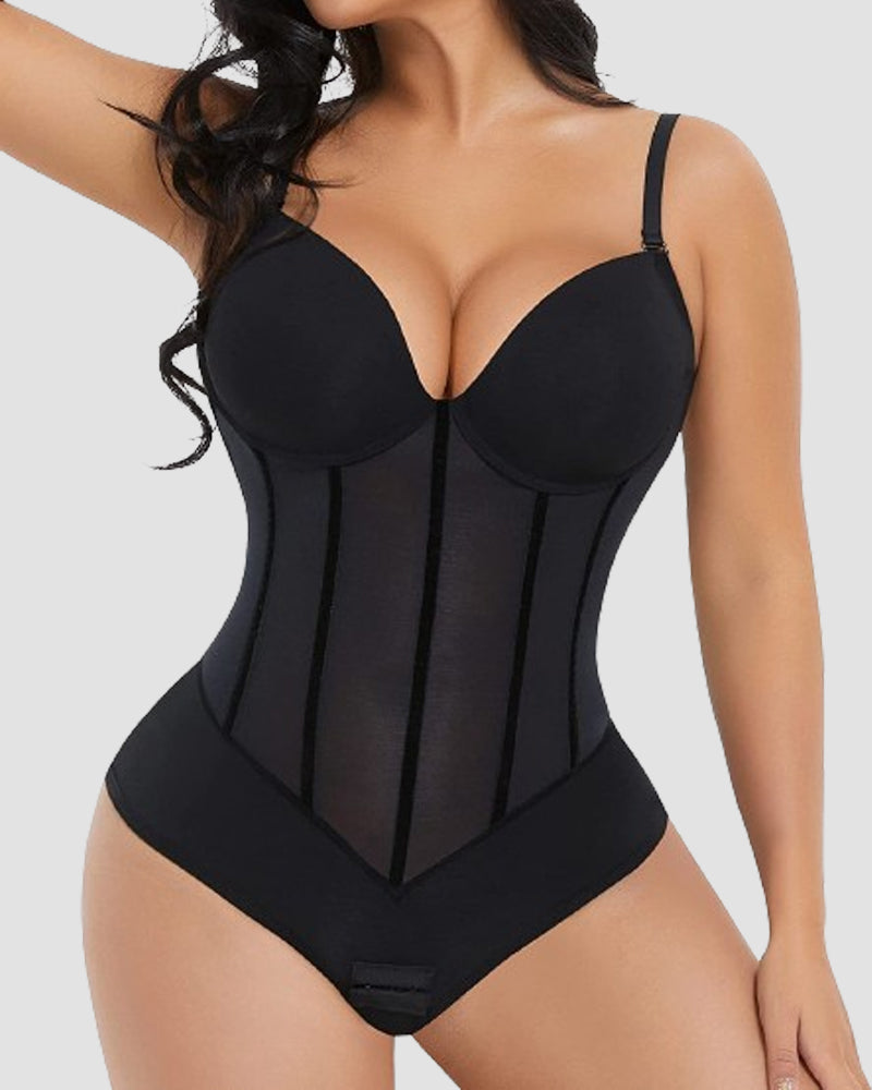 Body de mujer con corset de malla transparente, control de abdomen, tanga y espalda descubierta