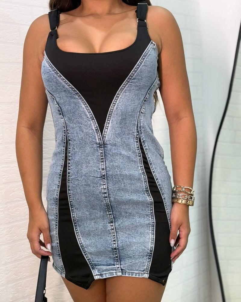 Vestido Mini Denim Bodycon con Tirantes de Color Contraste Shapshe®