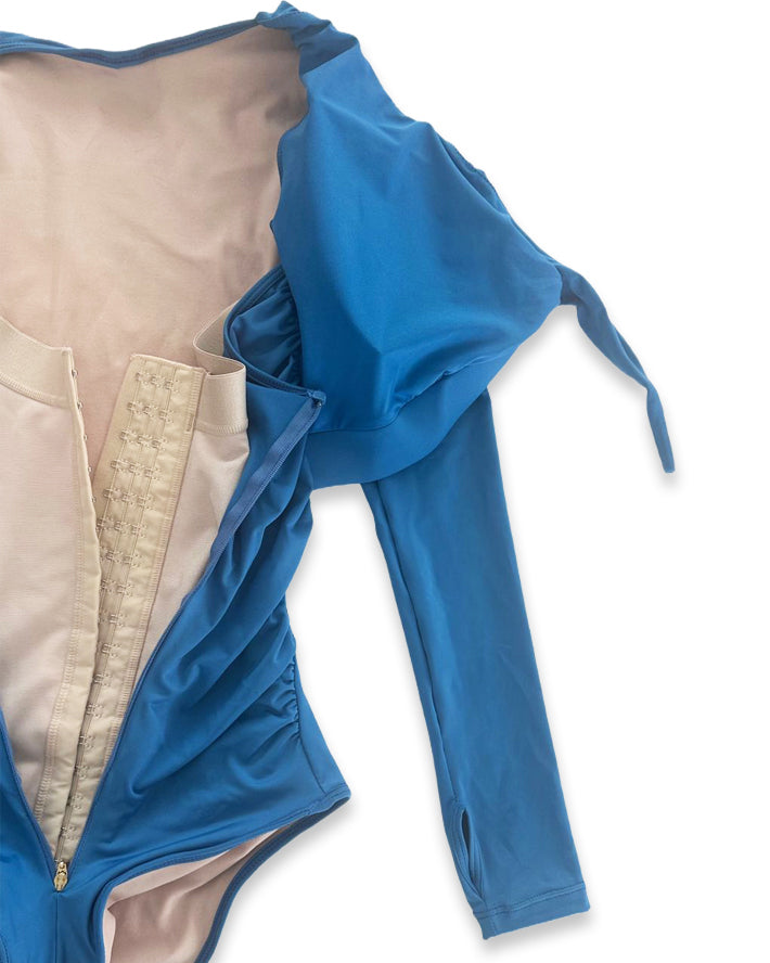 Shapshe® Traje de Baño con Faja Incorporada de Mangas Largas y Control de Abdomen Azul