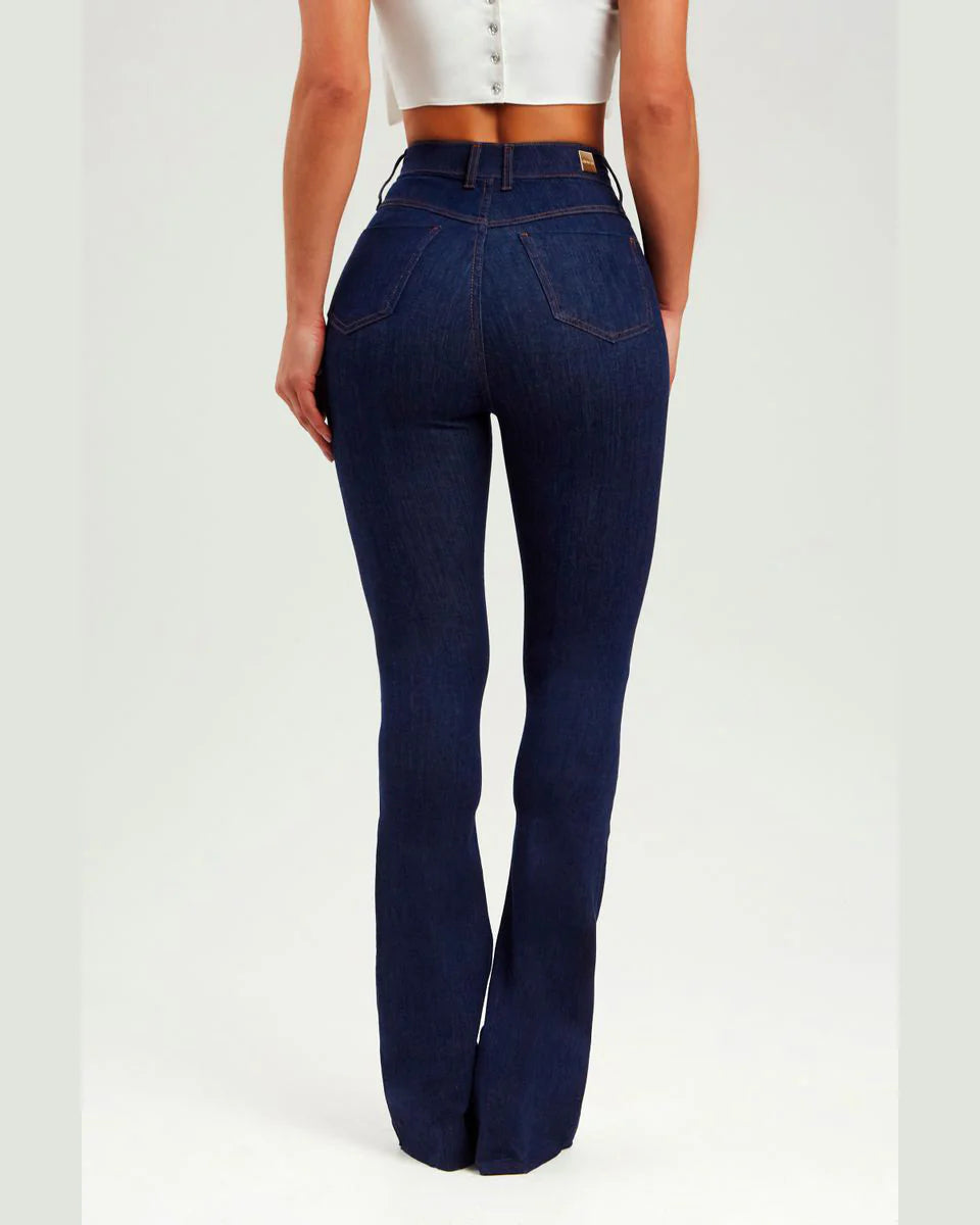 Jeans Ajustados de Tiro Alto Azul Oscuro con Levantamiento de Glúteos y Efecto Acampanado para Mujer, Pantalones Elásticos Modeladores