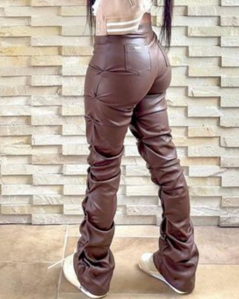 Pantalones Acampanados Plisados Personalizados de Cuero PU