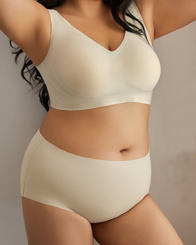 Conjunto de Ropa Interior Femenina Sin Aros Sin Costuras Ultra Cómoda Sostenes Diarios con Panties de Cintura Alta