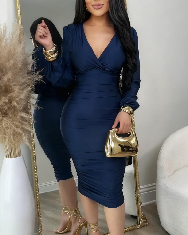 Vestido Midi Ajustado con Escote en V Profundo, Mangas Largas y Fruncido