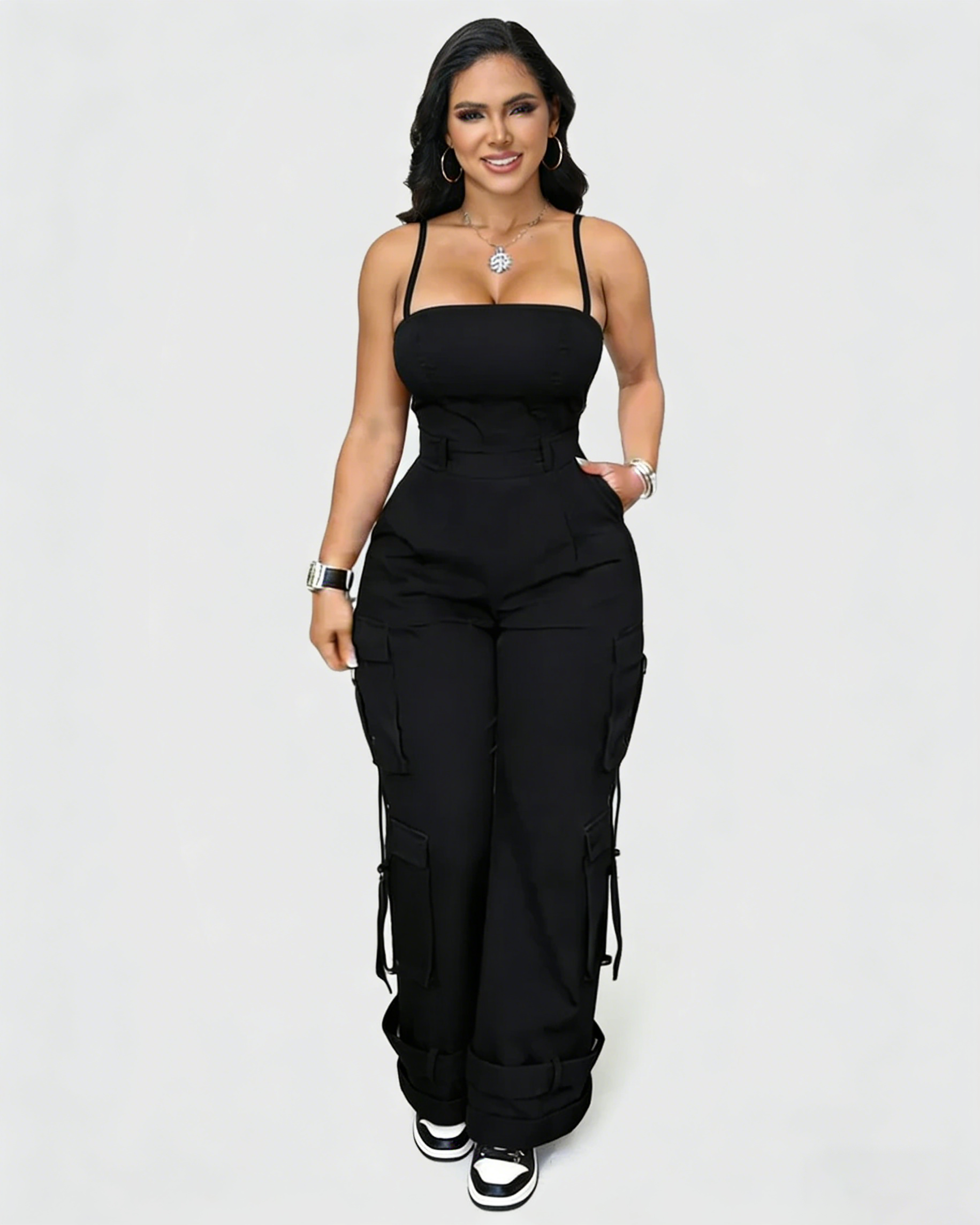 Mono de pierna ancha con bolsillos para mujer casual, curvy, holgado, estilo cargo, enterizo, peto