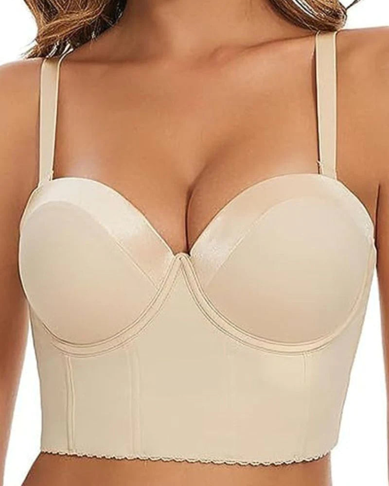 Sostén sin tirantes antideslizante para mujer con espalda baja y push-up largo multiusos