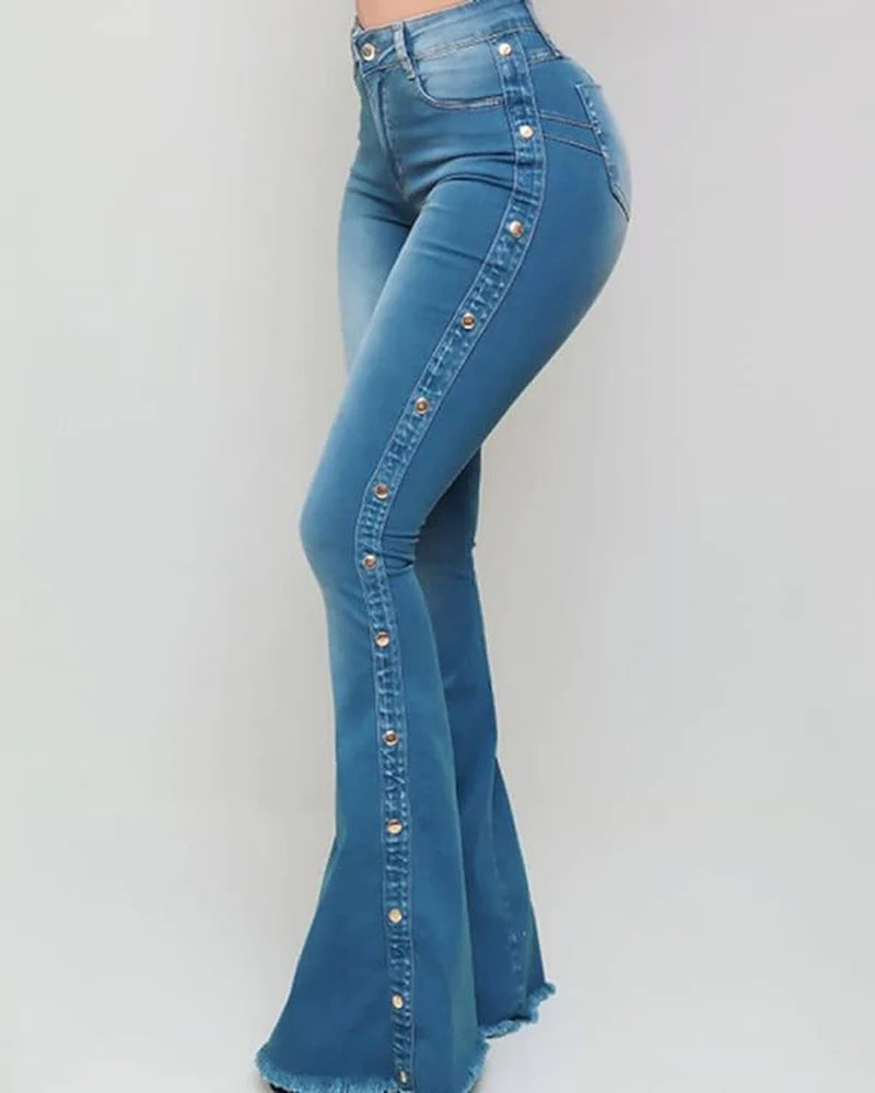 Jeans acampanados vintage para mujer con cierre de cremallera y botones laterales